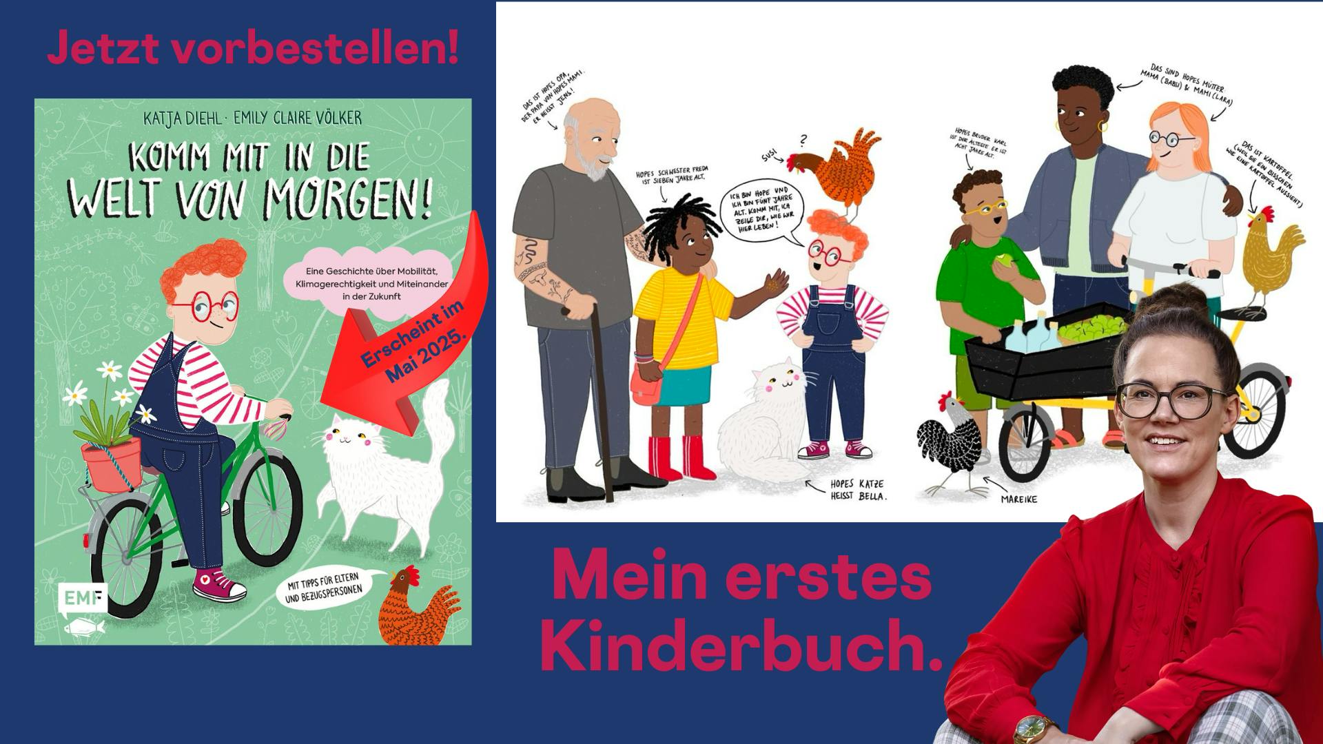 Ein Sharepic zu meinem Kinderbuch mit dem Cover des Buches und der ersten Seite.