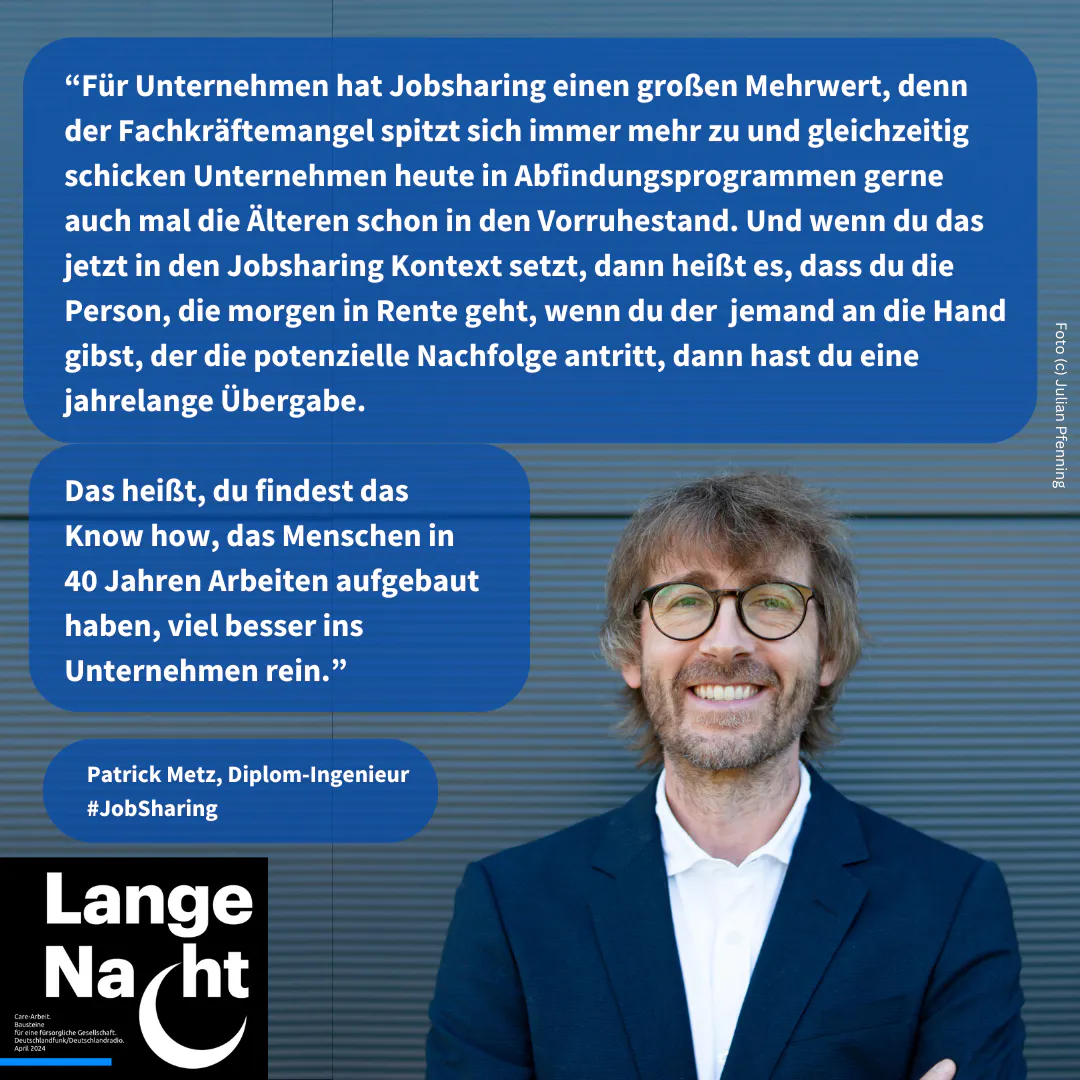 Portraitfoto Patrick Metz. + O-Ton Patrick Metz: Für Unternehmen hat das einen total großen Mehrwert, denn ich meine, wir haben heute einen Fachkräftemangel, der spitzt sich ja immer mehr zu und gleichzeitig schicken Unternehmen heute in Abfindungsprogrammen ganz gerne auch mal die die Älteren in den Vorruhestand, auch weil die ja auch häufig auch teurer sind und vielleicht auch nicht mehr 100 % leistungsfähig.