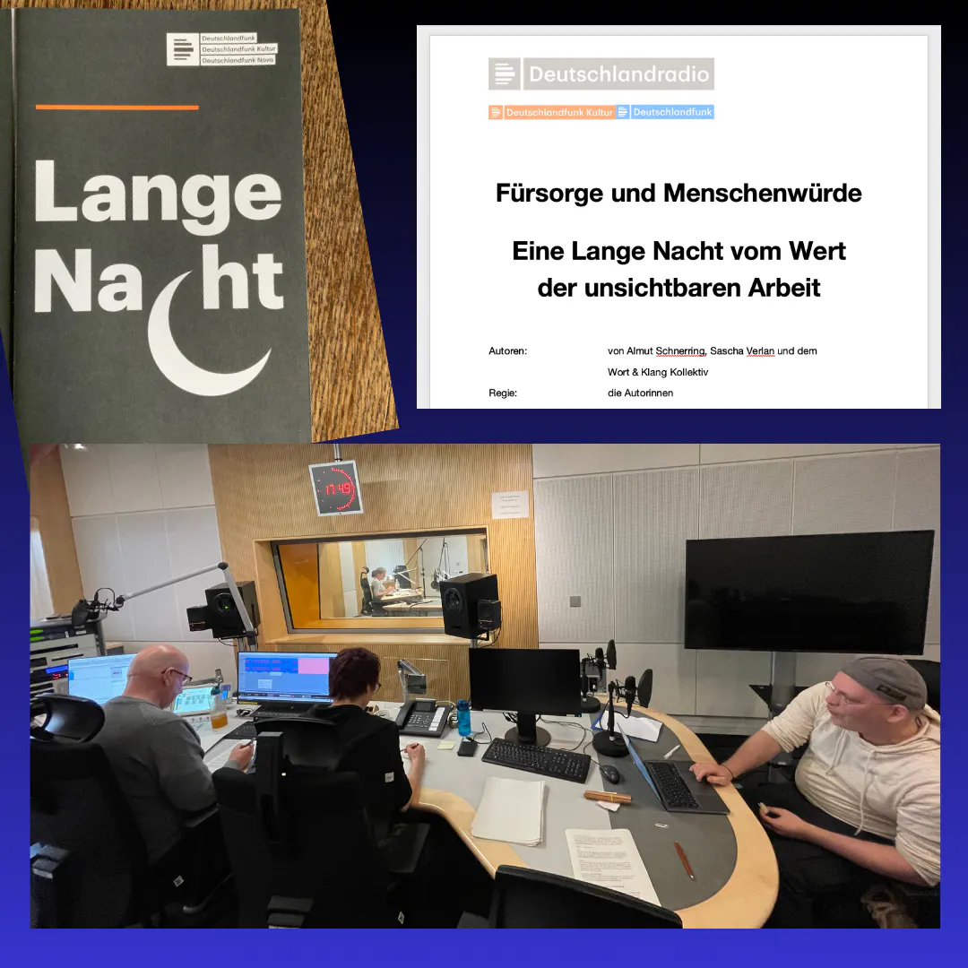 Blick ins Studio, Aufnahmen für die Sendung. Und Ausschnitt aus dem Programmheft der Langen Nacht mit dem Titel der Sendung