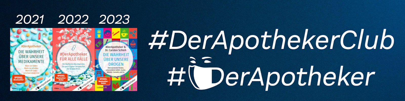 Logo: #DerApothekerClub mit meinen drei Büchern.