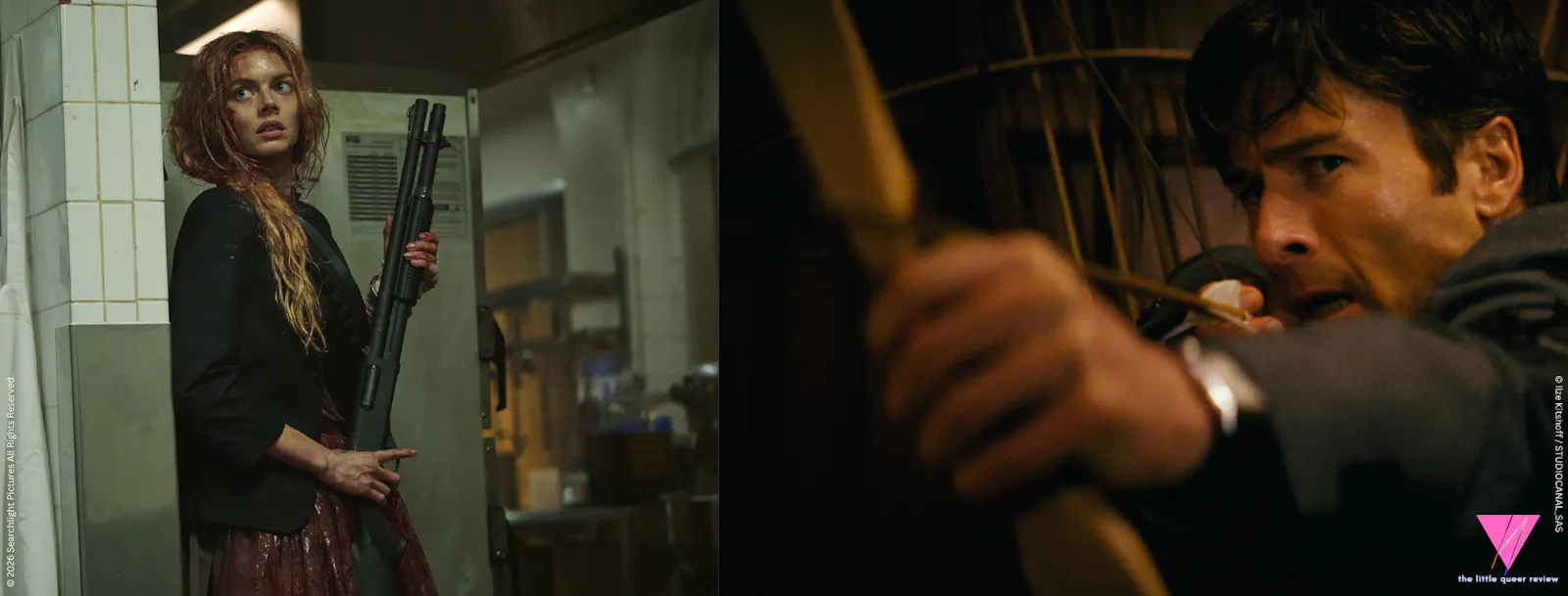 li.: Samara Weaving als Grace MacCaulley in READY OR NOT 2; re.: Glen Powell als Becket Redfellow in HOW TO MAKE A KILLING - TODISCHERES ERBE