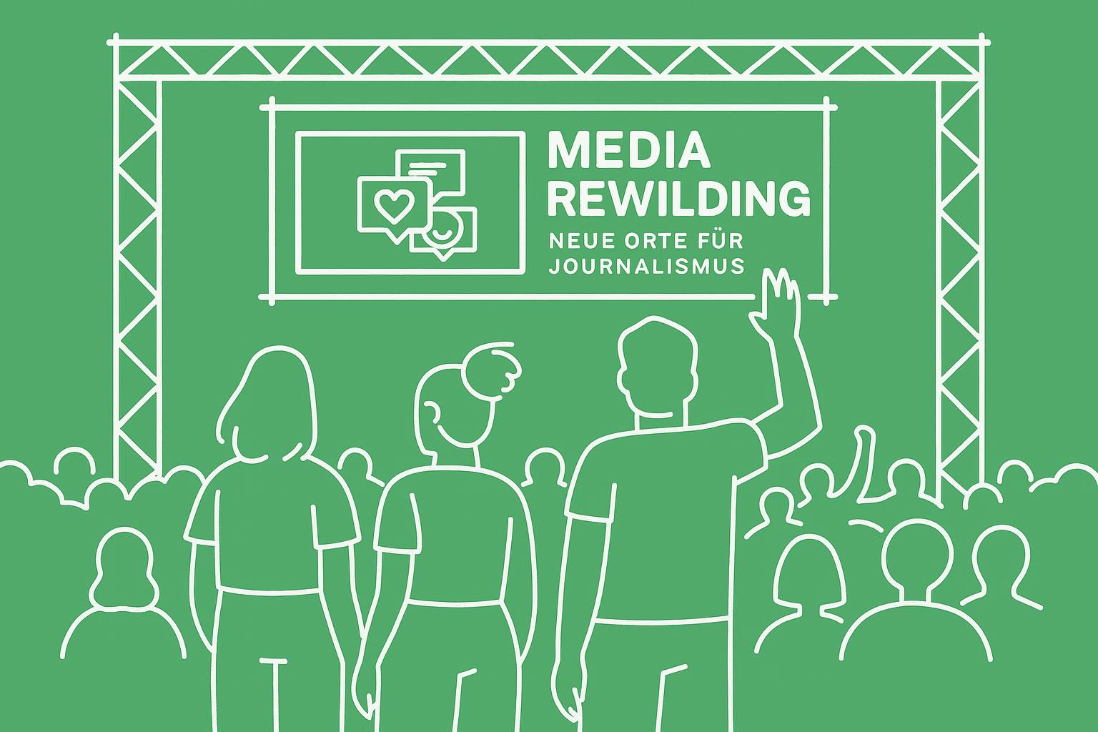 Mit weißen Strichen auf grünem Grund gezeichnete Szene zeigt Menschen von hinten vor einer Bühne mit dem Media-Rewilding-Logo.