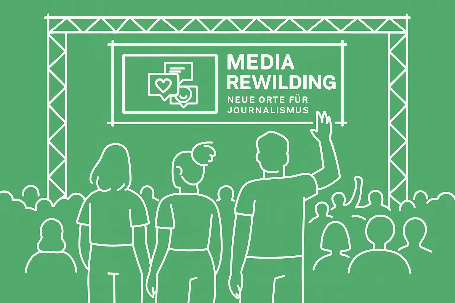 Mit weißen Strichen auf grünem Grund gezeichnete Szene zeigt Menschen von hinten vor einer Bühne mit dem Media-Rewilding-Logo.