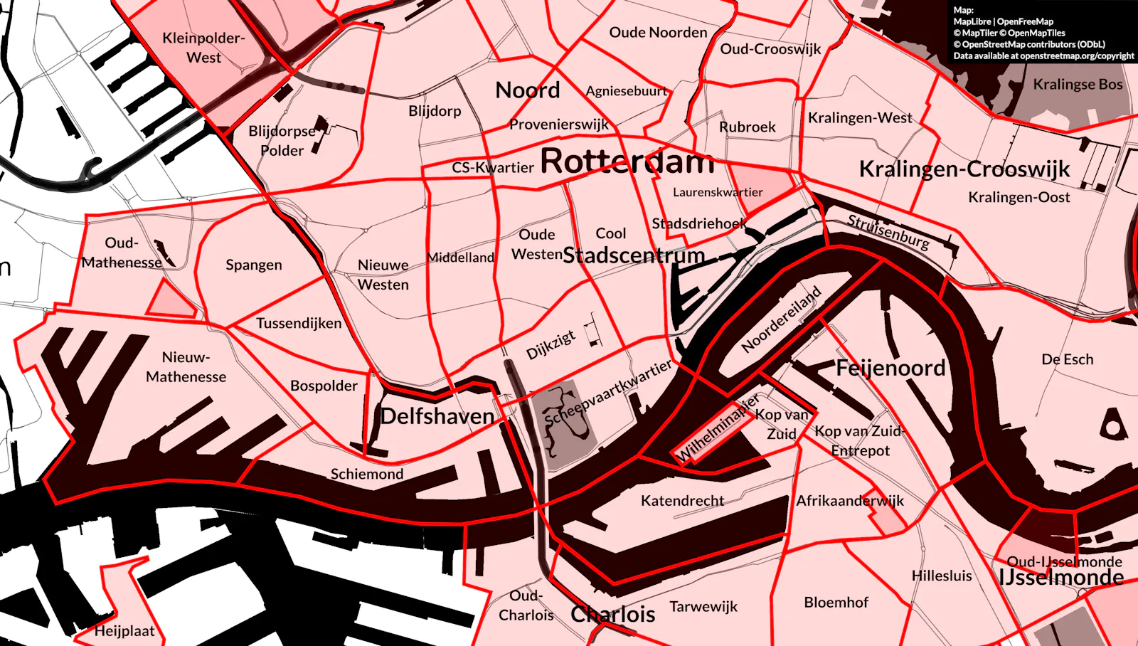 Central Neighbourhoods (wijken) as part of (slightly bigger displayed) districts (stadsdelen) of Rotterdam