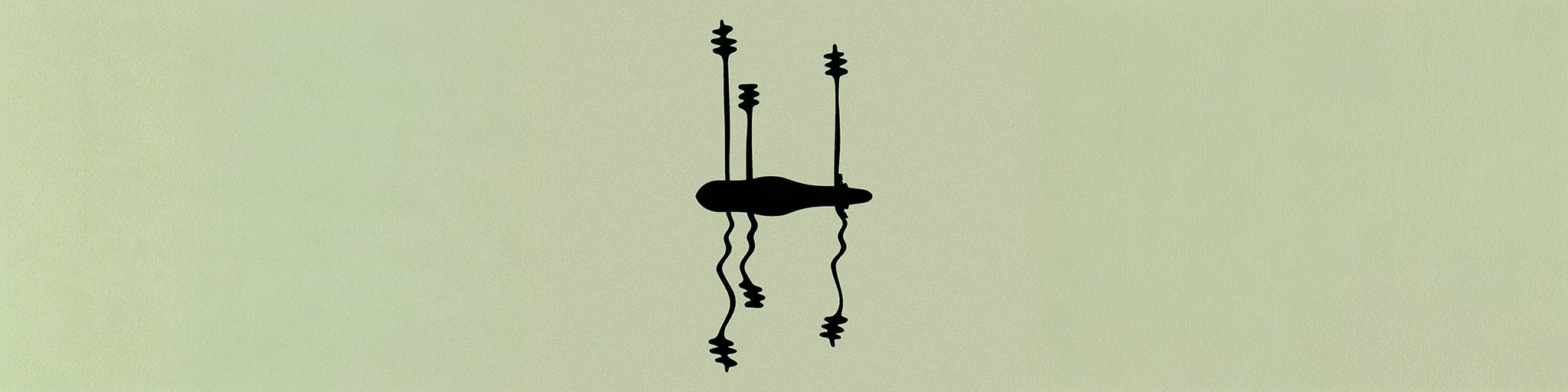 Banner featuring a silhouette of a small island and its reflection in water. Three stylized pine trees and a small humanoid figure populate the island. The tone is melancholy.