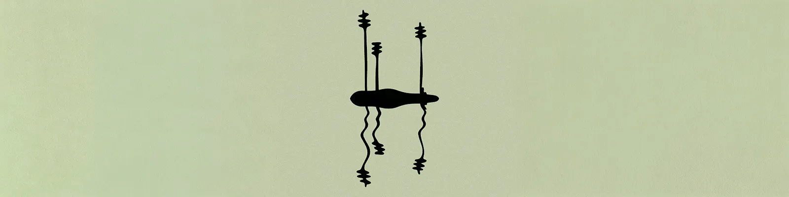 Banner featuring a silhouette of a small island and its reflection in water. Three stylized pine trees and a small humanoid figure populate the island. The tone is melancholy.