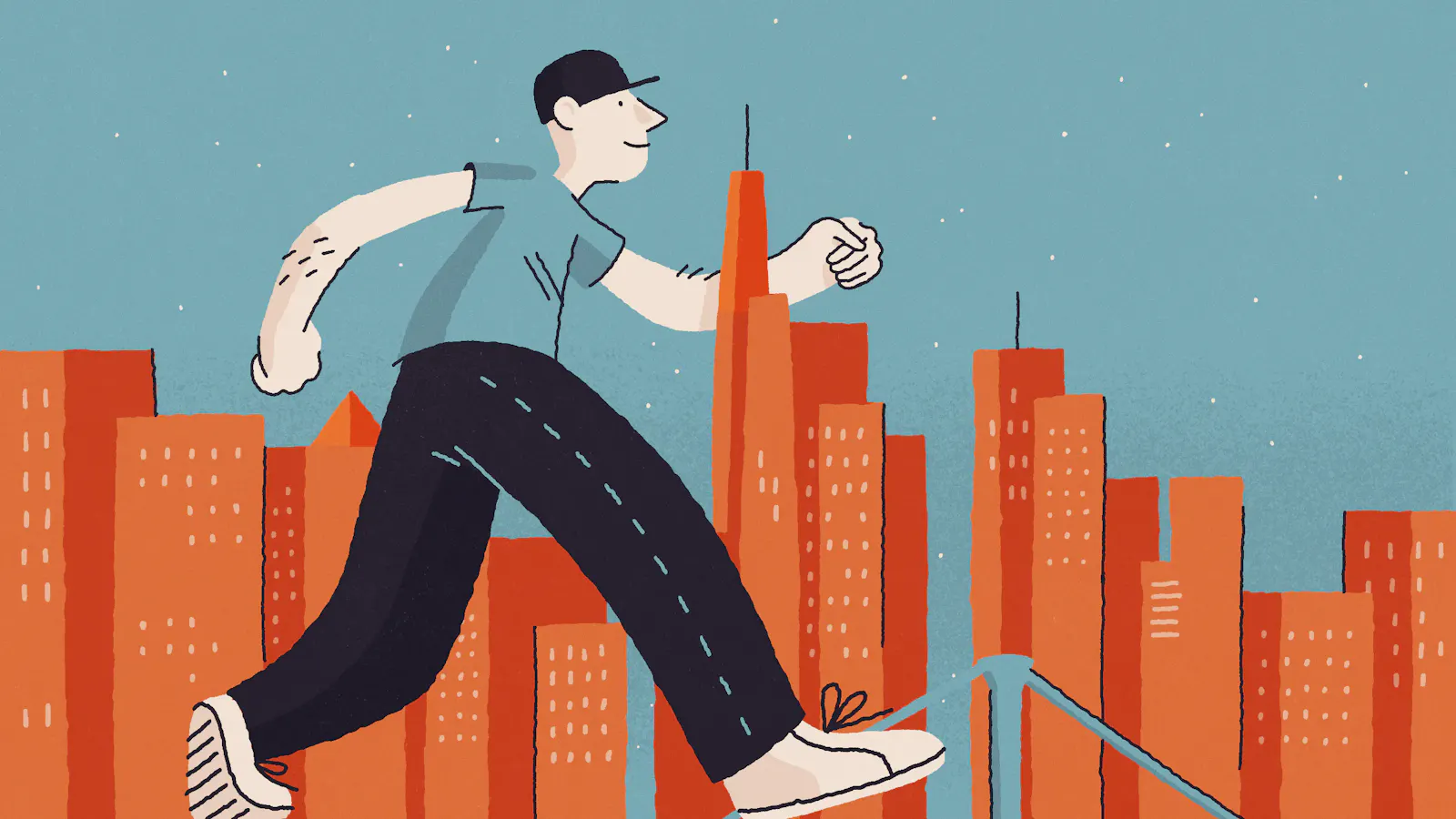 Ein junger Mann schreitet durch die Skyline einer Großstadt