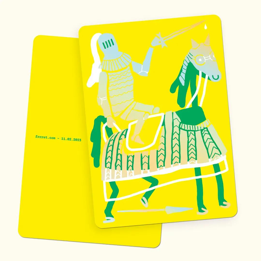 Yellow postcard with a stylized knight in armor on a horse holding reins and a sword