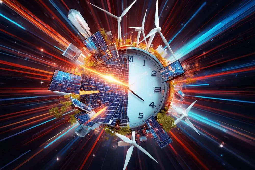 Des panneaux solaires et des éoliennes sortant d'une horloge analogique d'où jaillit une lumière, illustrant un avenir fondé sur les énergies renouvelables.