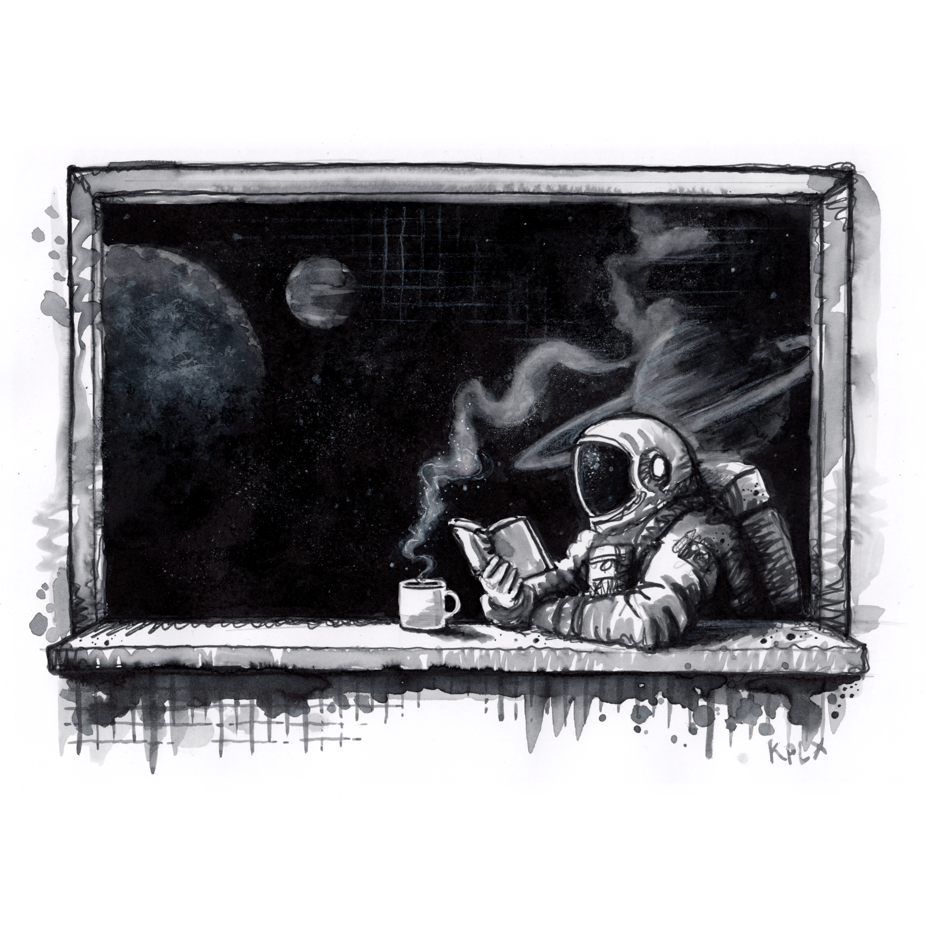 ALT Text (EN)

A black-and-white ink illustration showing a window with a windowsill. Beyond the window is outer space. An astronaut sits outside in the universe, leaning against the windowsill and reading a book. A cup of hot coffee rests on the windowsill, with steam rising into space and blending with the surrounding cosmic void like mist.

⸻

ALT Text (DE)

Schwarz-weiße Tuschezeichnung eines Fensters mit Fensterbank. Hinter dem Fenster erstreckt sich das Universum. Ein Astronaut sitzt außen im Weltraum an der Fensterbank und liest ein Buch. Auf der Fensterbank steht eine Tasse heißen Kaffees, deren Dampf ins All aufsteigt und sich dort wie Nebel mit dem Kosmos verbindet.