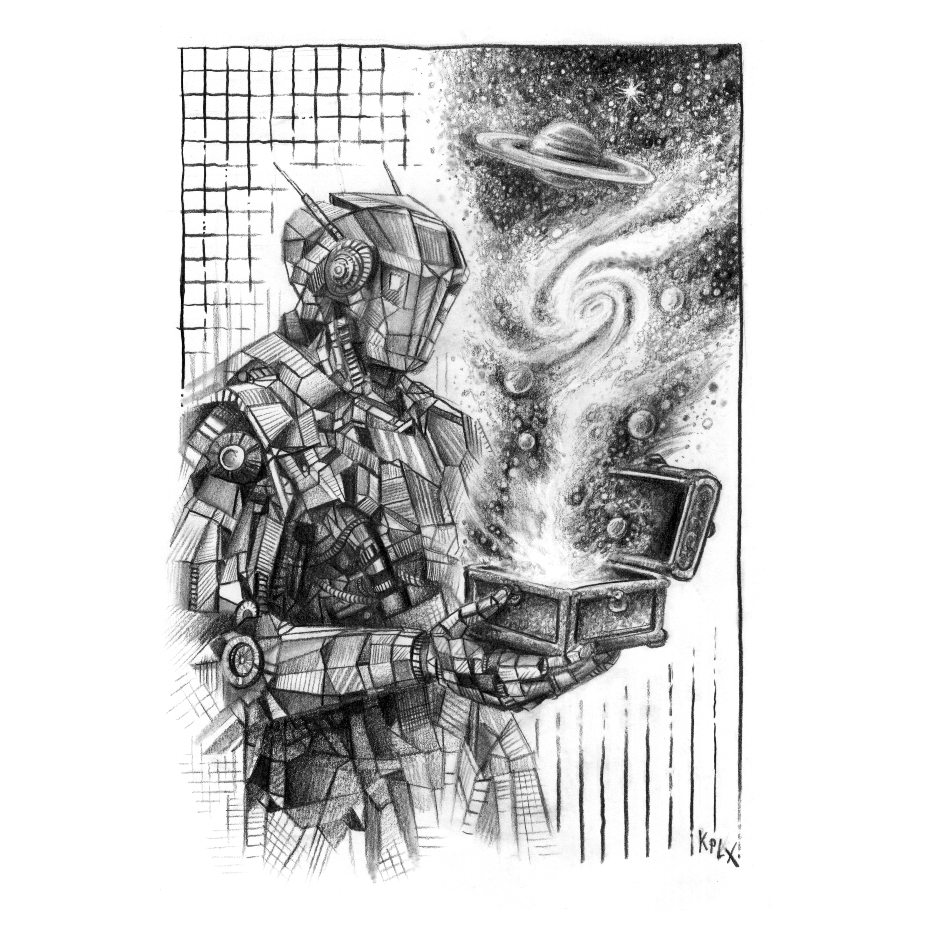 ALT (EN):
A pencil drawing on A4 paper showing a stylized robot opening a box as a vast universe spills out into the surrounding space.

ALT (DE):
Eine Bleistiftzeichnung auf A4-Papier, die einen stilisierten Roboter zeigt, der eine Kiste öffnet, aus der sich ein weites Universum in den Raum ergießt.