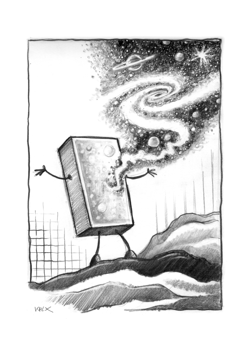 DE (ALT-Text):
Titelbild von Space Cop Diary, Episode 5: Der Roboter Pip, ein quaderförmiger Körper mit dünnen Armen und Beinen, steht in einer felsigen Landschaft. Aus seinem Inneren strömt ein spiralförmiges Universum mit Sternen, Planeten und Galaxien in den Nachthimmel.

EN (ALT text):
Cover image of Space Cop Diary, Episode 5: Pip the robot, a box-shaped figure with thin arms and legs, stands in a rocky landscape. A swirling universe of stars, planets, and galaxies flows out of his body into the night sky.