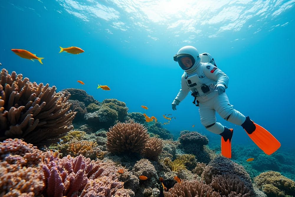 Un astronaute, vêtu d'une combinaison spatiale et de palmes de plongée, se trouve sous l'eau près d'un corail.