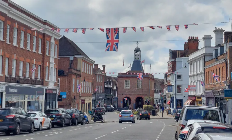 High Street, Reigate, decked with Union Jacks