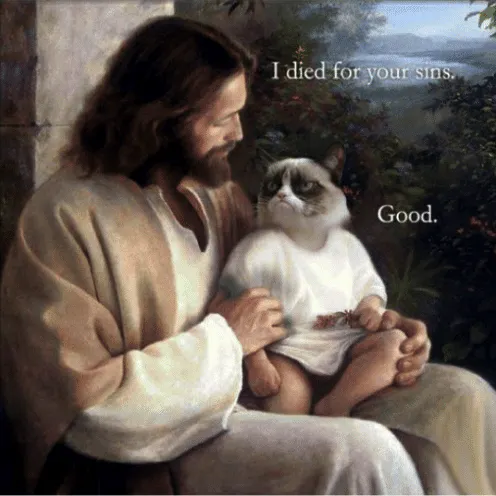 Jesus hält Grumpy Cat auf dem Schoß. Jesus: I died for your sins. Grumpy: Good.