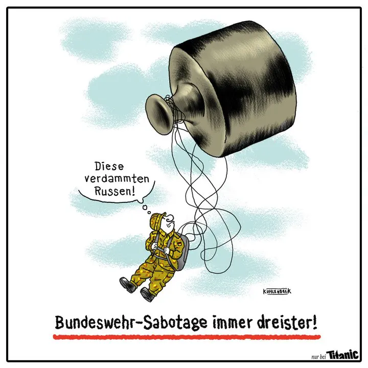 Gezeichneter Cartoon: Ein Fallschirmjäger stürzt aus den Wolken in die Tiefe. Statt an einem Fallschirm hängt er an einem überdimensionierten Gewicht. Der Soldat denkt: »Diese verdammten Russen!« Bildunterschrift: »Bundeswehr-Sabotage immer dreister!«