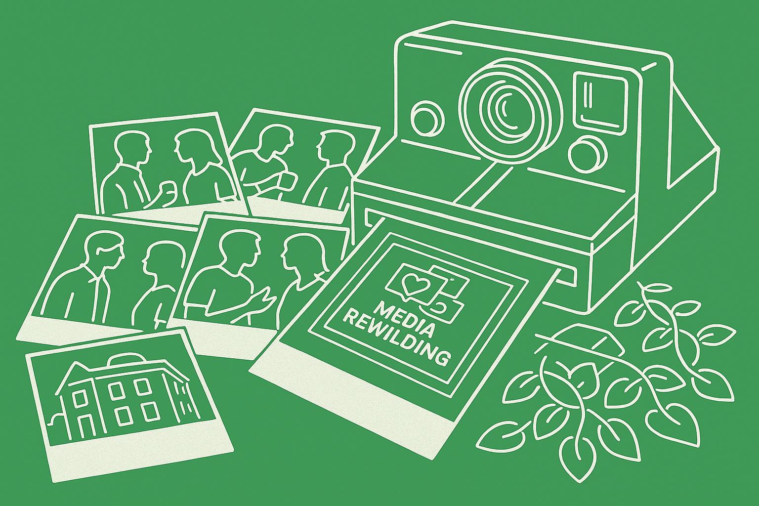 Illustration zeigt Polaroidkamera und Polaroid-Bilder mit verschiedenen Motiven