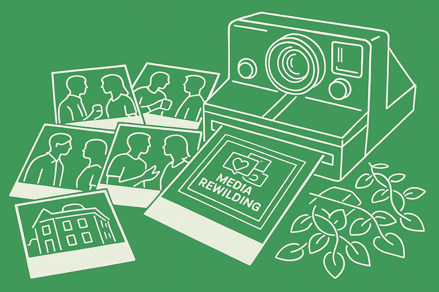 Illustration zeigt Polaroidkamera und Polaroid-Bilder mit verschiedenen Motiven