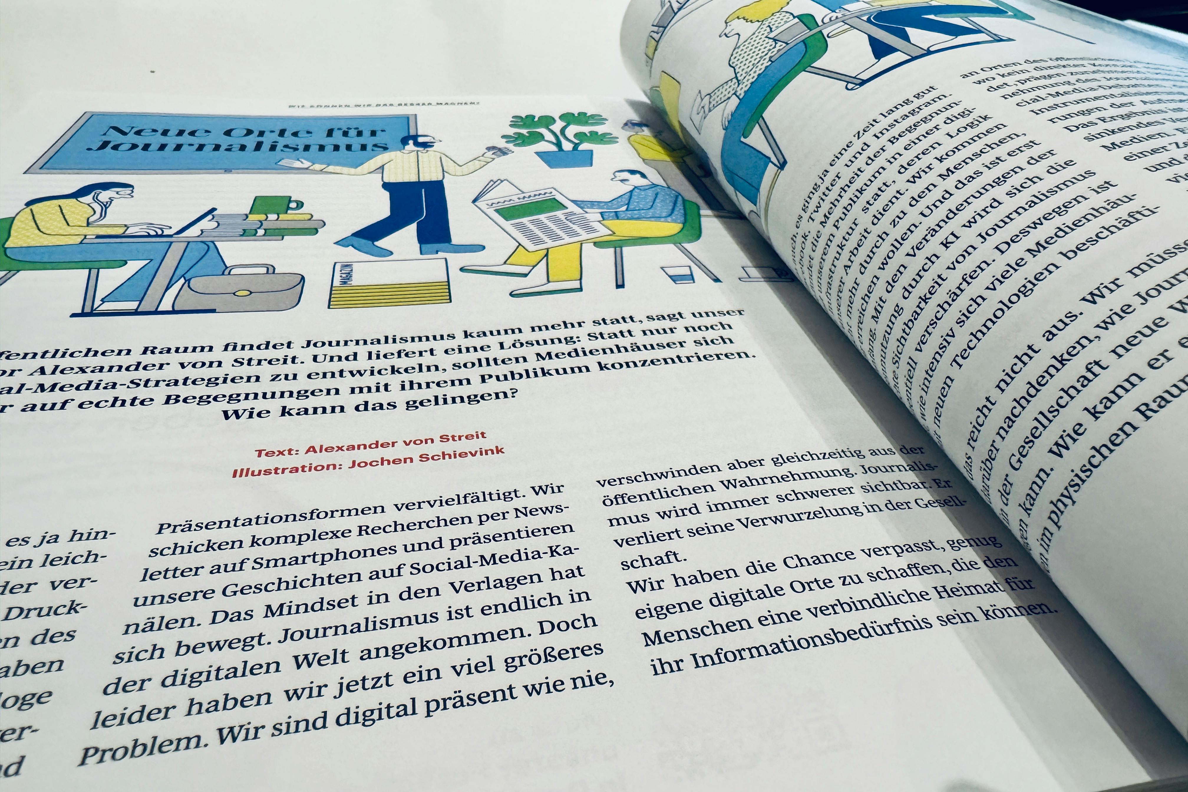 Aufgeschlagene Doppelseite des Magazins journalist mit Illustrationen und Text