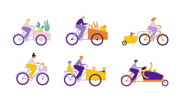 Zeichnungen verschiedener Cargobike-Typen mit unterschiedlichen Personen, die unterschiedliche Sachen, Menschen und Tiere transportieren.