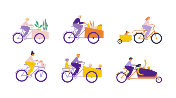 Zeichnungen verschiedener Cargobike-Typen mit unterschiedlichen Personen, die unterschiedliche Sachen, Menschen und Tiere transportieren.