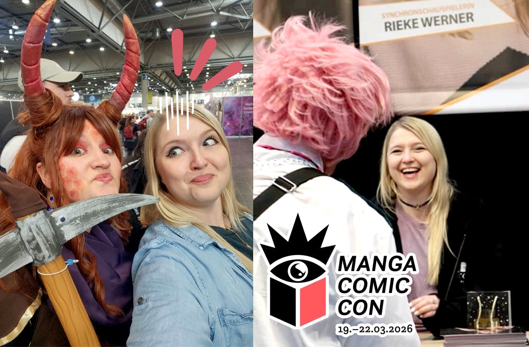 Zweigeteiltes Bild von der Manga Comic Con Leipzig 2026: Links ein verspieltes Selfie von Rieke mit Entchen_Anna als Jeri – mit roten Hörnern, Drachenschuppen-Make-up und Spitzhacke – beide mit lustigem Schmollmund. Rechts Rieke an ihrem Signiertisch unter ihrem Banner mit der Aufschrift „Synchronschauspielerin Rieke Werner", lachend im Gespräch mit einem Fan mit pinken Haaren im Mina Ashido Cosplay. Unten rechts das offizielle Manga Comic Con Logo mit dem Datum 19.–22.03.2026.