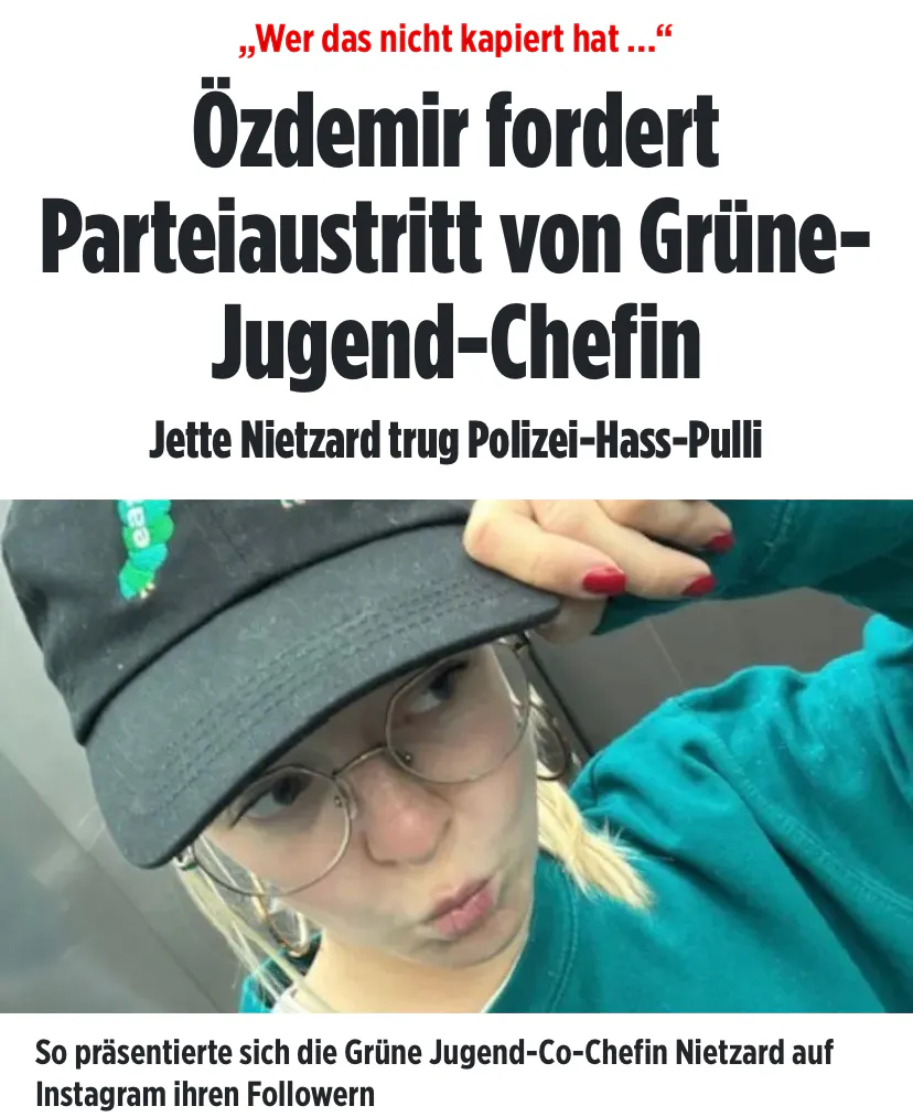 Bild-Schlagzeile:
"Wer das nicht kapiert hat..."
Özdemir fordert Parteiaustritt von Grüne-Jugend-Chefin
Nietzards Aufzugselfie
Bildunterschrift: So präsentierte sich die Grüne Jugend-Co-Chefin Nietzard auf Instagram ihren Followern