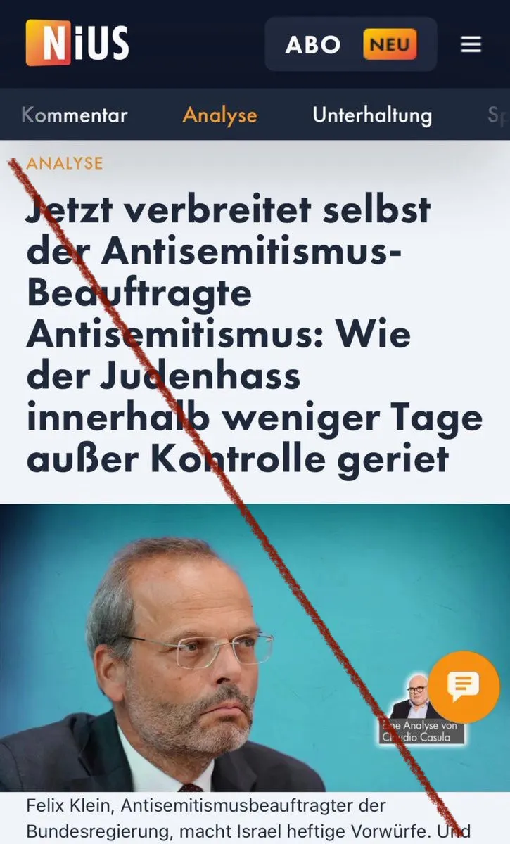 Screenshot von Julian Reichelts Bumsbude:
Analyse
Jetzt verbreitet selbst der Antisemitismusbeauftragte Antisemitismus: Wie der Judenhass innerhalb weniger Tage außer Kontrolle geriet