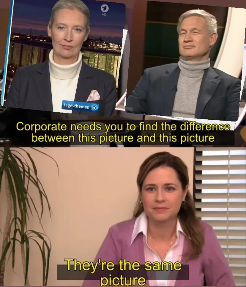 Memepattern entlehnt von einer Szene aus the Office: Oben werden zwei Bilder angezeigt, die verglichen werden sollen. Sie zeigen Alice Weidel und Ulf Poschardt, beide in Rollkragen mit Sakko drüber Dazu der Text: “Corporate needs you to find the difference between this picture and this picture” Darunter die Protagonistin, die gefragt wird. Ihre Antwort ist: “They're the same picture”