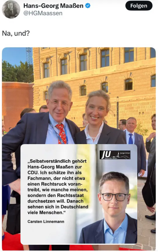 Twitter-Screenshot von Hans-Georg-Maaßen, mit dem Text
"Na, und?"
Der Rechtsextremist posiert lächelnd mit der Rechtsextremistin Alice Weidel.
Darüber gelegt eine Zitatkachel von Carsten Linnemann, der Maaßen als ~selbstverständlich zur CDU gehörend~ erachtet.