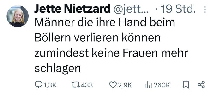 Twitter-Screenshot:
Jette Nietzard
Männer die ihre Hand beim Böllern verlieren können zumindest keine Frauen mehr schlagen