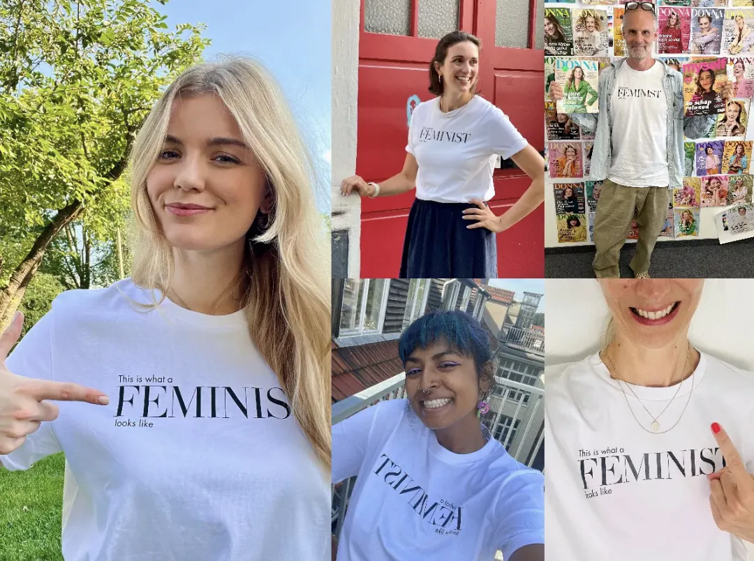 Mitarbeiterinnen und Mitarbeiter der Funke-Mediengruppe, jeweils im Funke-T-Shirt mit dem Aufdruck „This is what a FEMINIST looks like“.