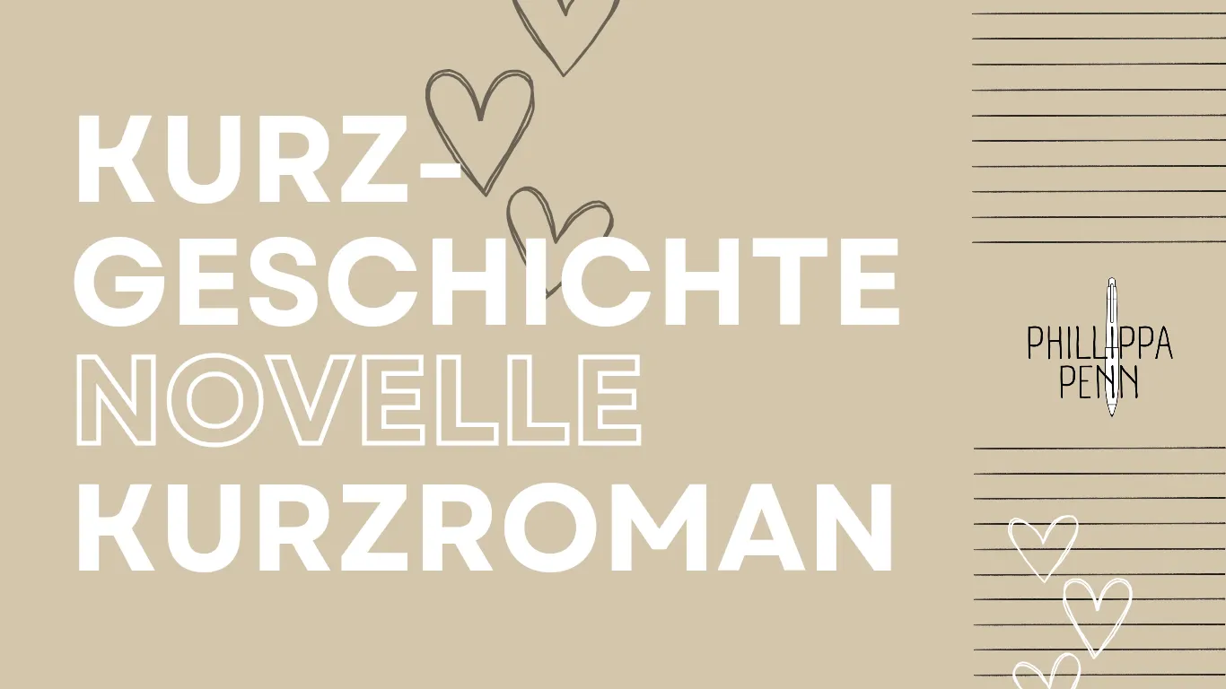 Das Titelbild nennt die Themen und Schlagworte des Blogbeitrags: Kurzgeschichte, Novelle und Kurzroman (weiße Großbuchstaben auf beige-braunem Grund). Daneben wird das Logo der Autorin angezeigt: Der Name Phillippa Penn vertikal durchkreuzt von einem weißen Kugelschreiber.