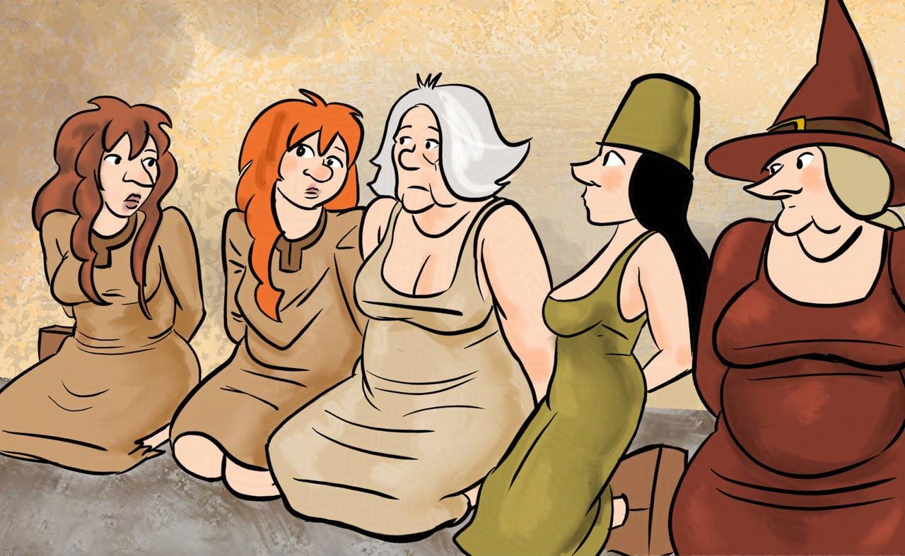 Panel 1:
Feral, Kel, Atra, Marion and Shireen are sitting in stocks in the Sheriff's office.