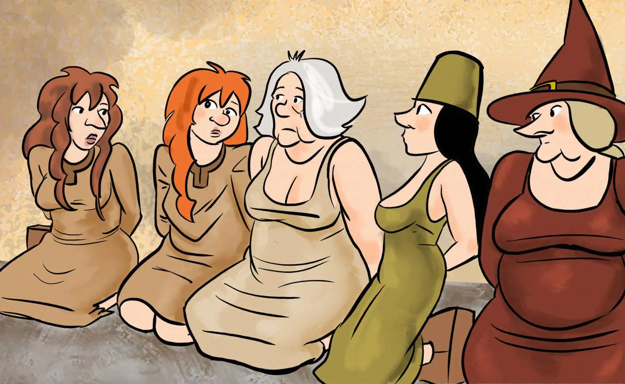 Panel 1:
Feral, Kel, Atra, Marion and Shireen are sitting in stocks in the Sheriff's office.