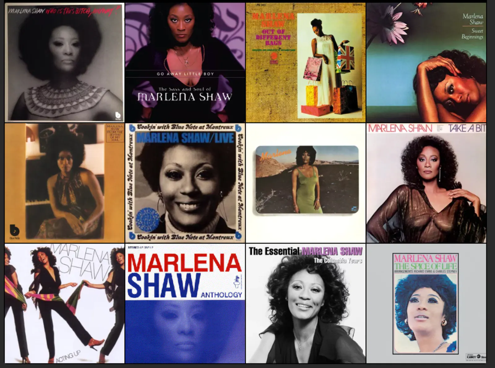 Collage von 12 Album-Cover Artworks der Musikerin Marlena Shaw