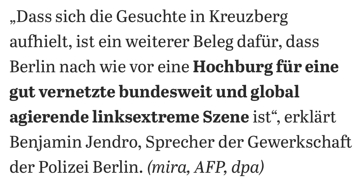Textkachel, in der Polizeisprecher wegen der Klette-Verhaftung Berlin zur linksextremen Hochburg erklärt