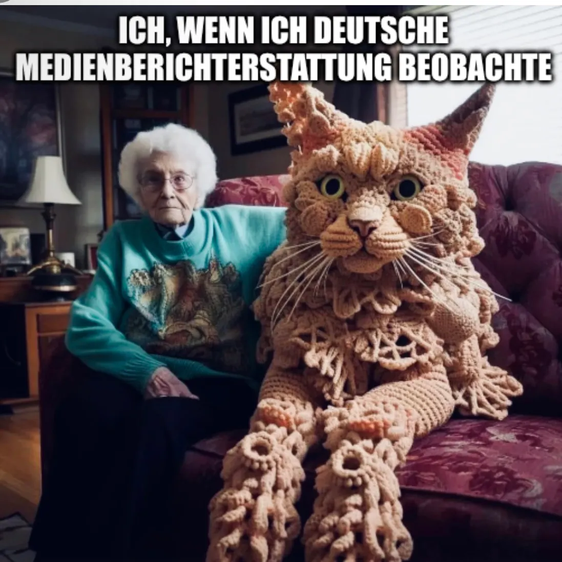 Alte Person mit riesiger Häkelkatze auf Couch. Text: Ich, wenn ich deutsche Medienberichterstattung beobachte