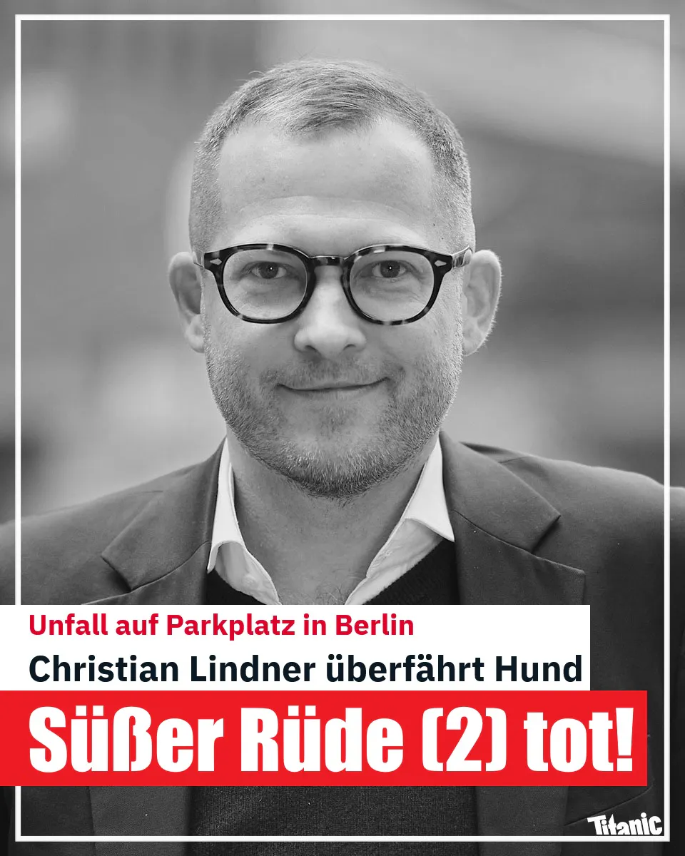 Eine Schwarz-weiß-Fotografie von Julian Reichelt, der in die Kamera lächelt. Dazu der Text: »Unfall auf Parkplatz in Berlin. Christian Lindner überfährt Hund: Süßer Rüde (2) tot!«