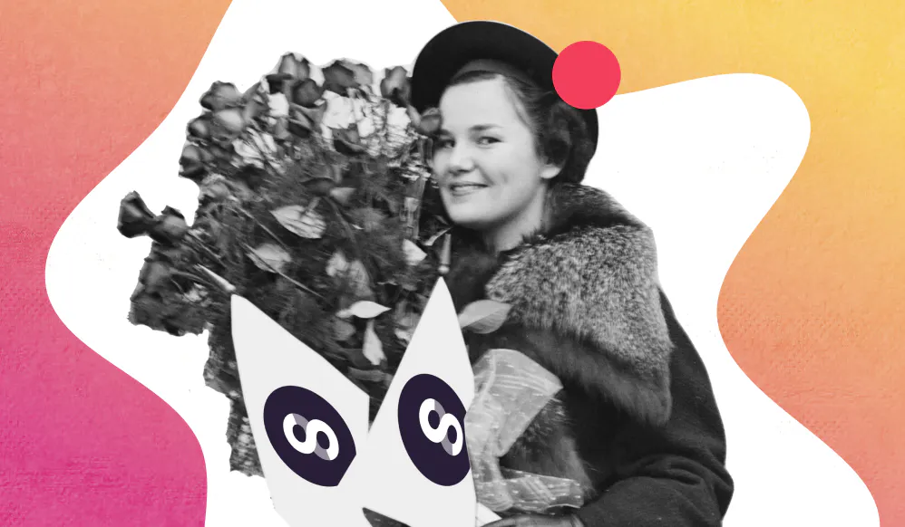 Ein Frau mit Blumenstrauß und Steady-Logo