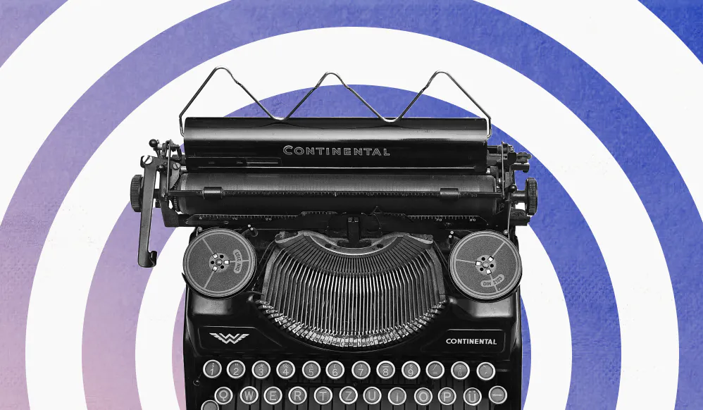 Eine Schreibmaschine vor stilisiertem Hintergrund.