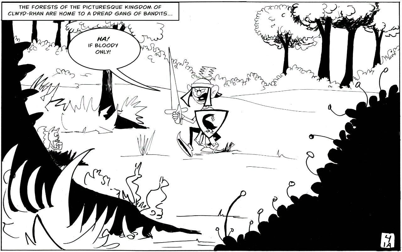 Opening page of "King Groy" showing a guard wandering the woods.