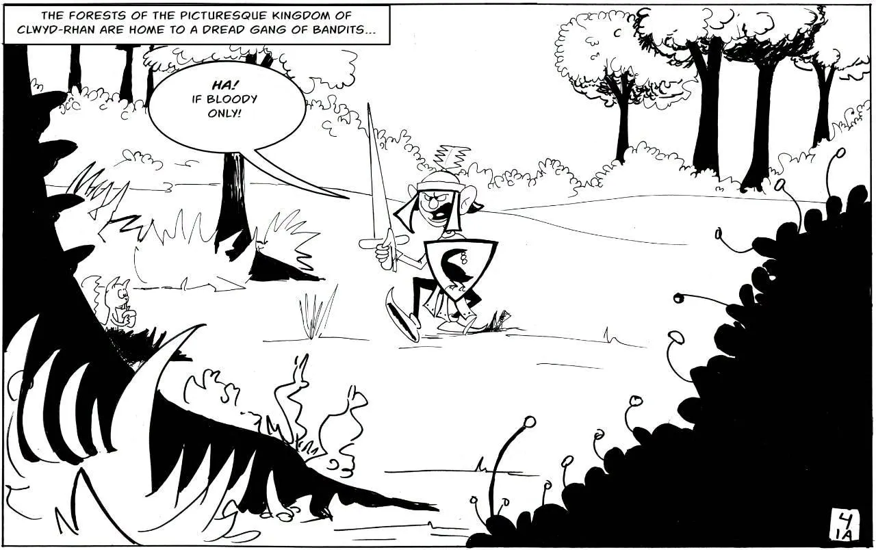 Opening page of "King Groy" showing a guard wandering the woods.