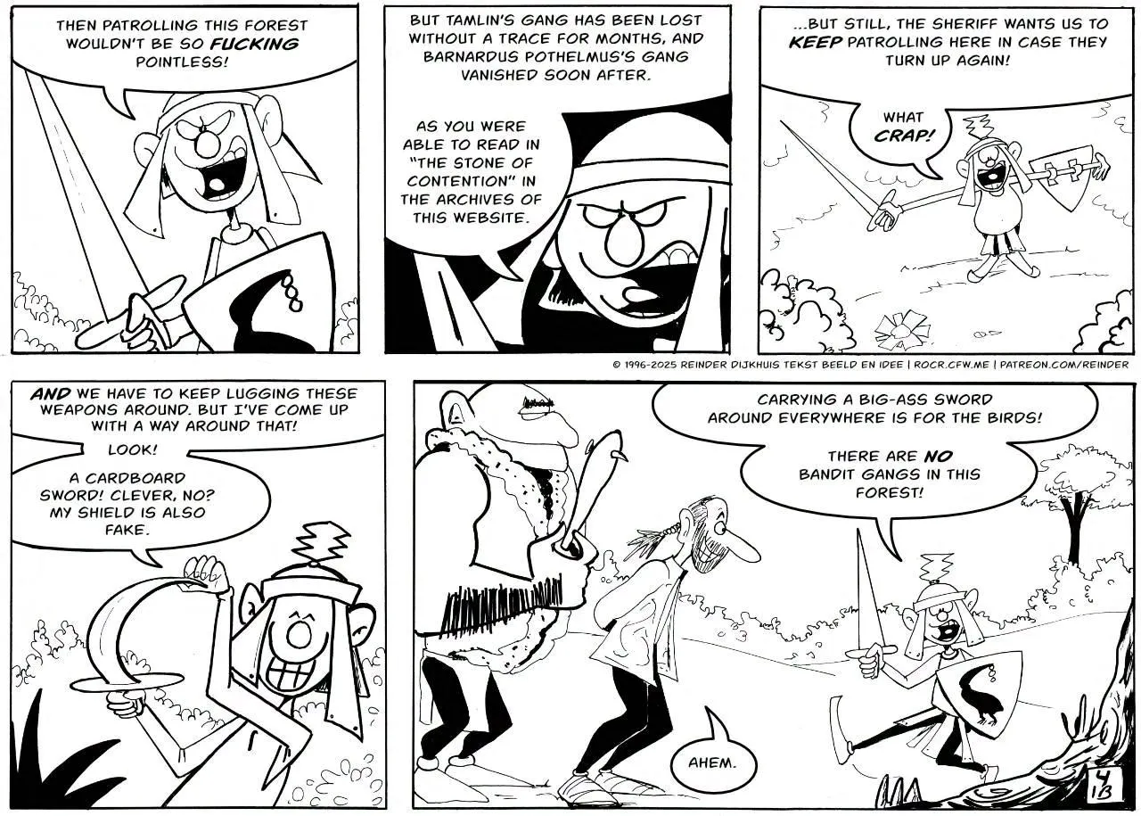 The guard continues to talk to the reader, breaking the fourth wall, until he is interrupted by bandits.