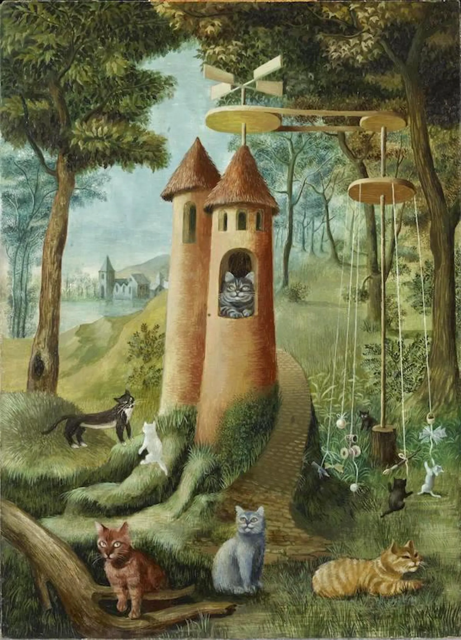 Un gato asoma por la ventana de una torre mientras en el paisaje juegan una decena de gatos diferentes.