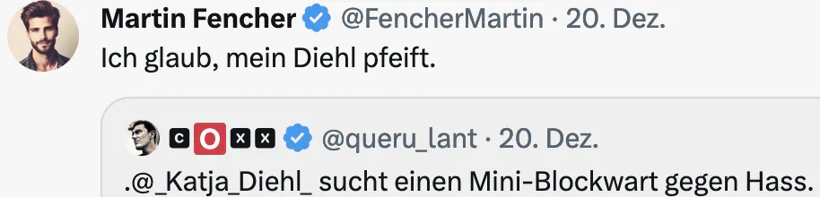 Ich glaube, mein Diehl pfeift. Sagt Martin Fencher auf Twitter.