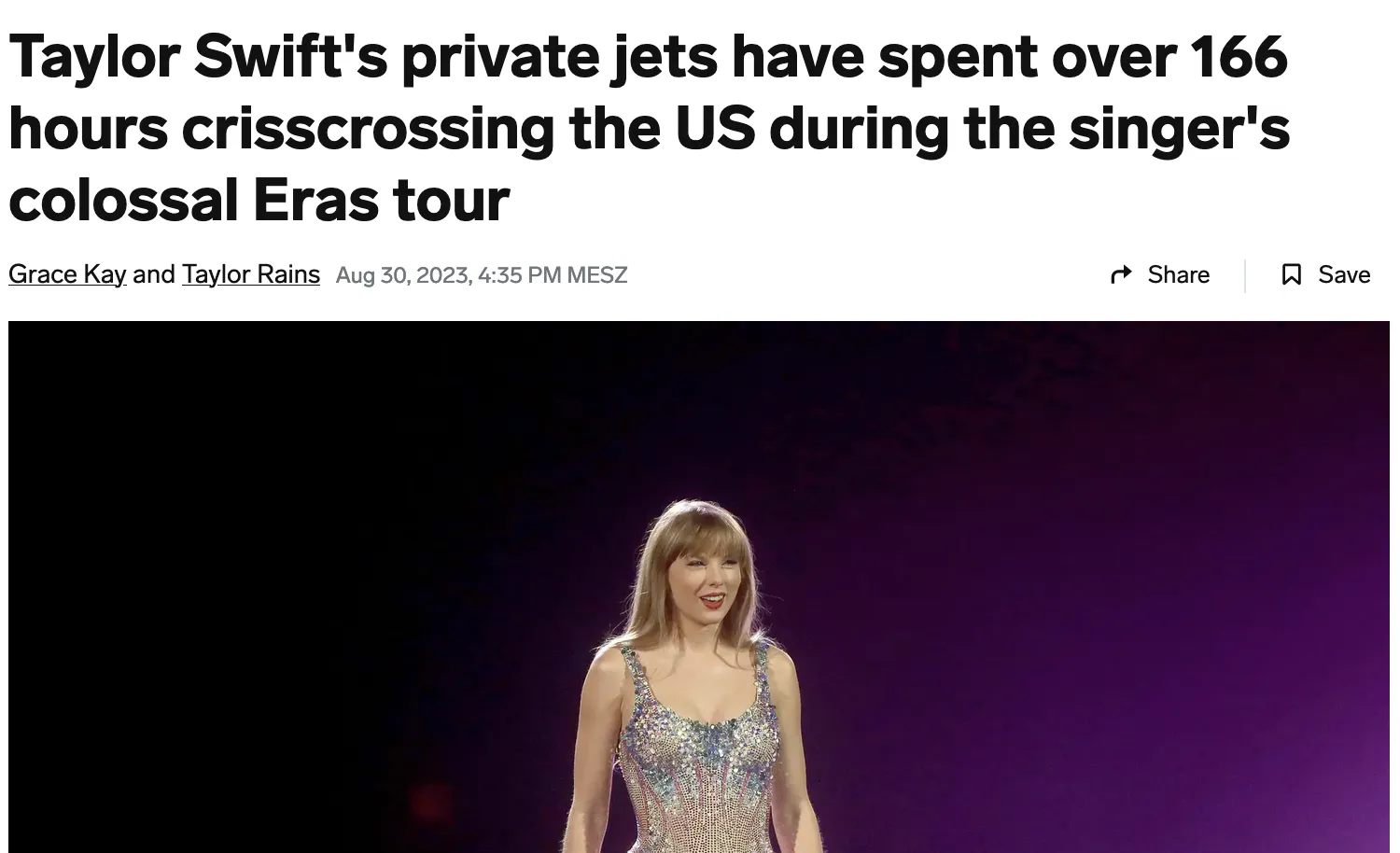 Screenshot der besagt, dass Taylor Swift schon im August über 166 Stunden Privatjet geflogen ist.