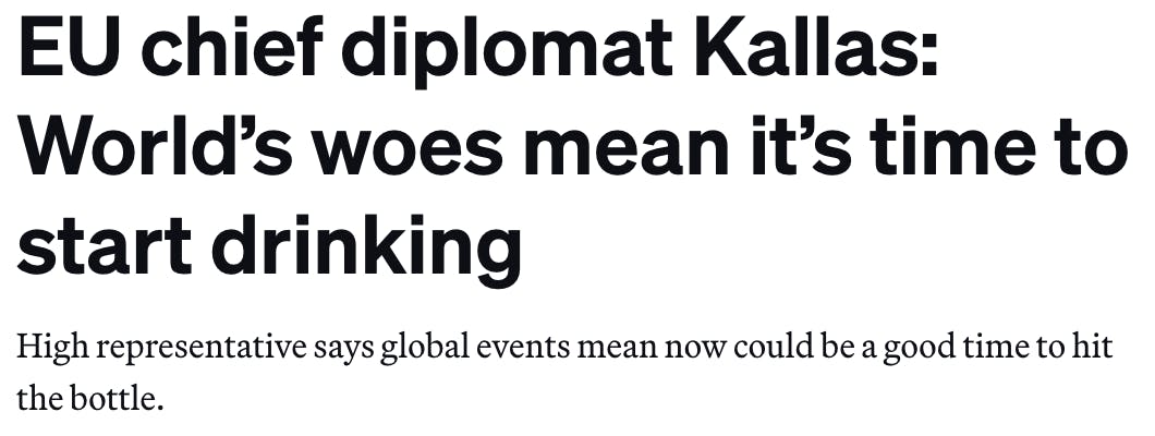 EU Chief Diplomat Kallas:
World's woes mean it's time to start drinking

High representative says global events mean now could be a good time to hit the bottle.