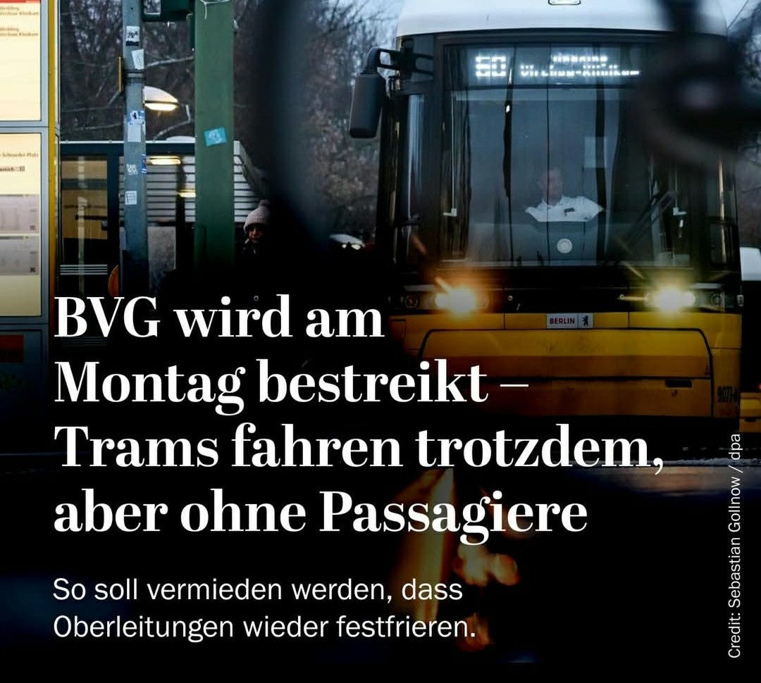 BVG wird am Montag bestreikt – Trams fahren trotzdem, aber ohne Passagiere

So soll vermieden werden, dass die Oberleitungen wieder festfrieren