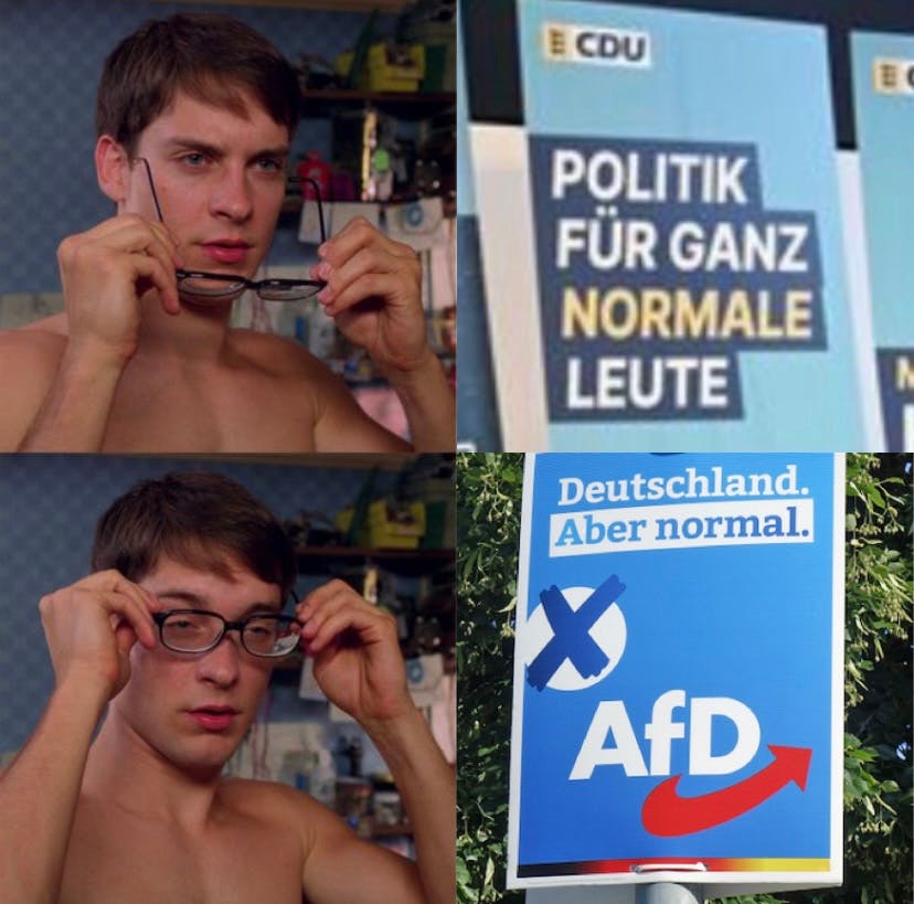 Peter Parker Meme: Ohne Brille sieht man ein CDU-Plakat, auf dem "Politik für ganz normale Leute" steht, mit Brille entpuppt es sich als AfD-Plakat mit dem Slogan "Deutschland. Aber normal."